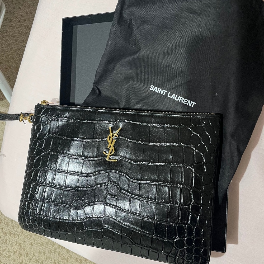 YSL Calfskin Crocodile Embossed Tablet Pouch Black